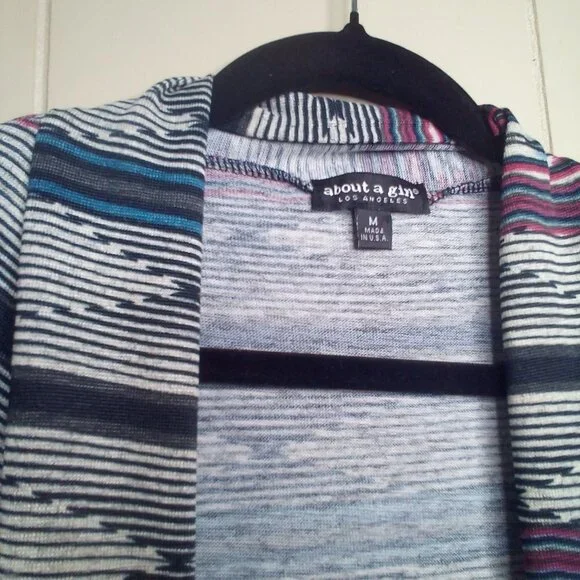 About A Girl Open Front Blouse Top M 3/4 Sleeve Stripe Colorful - Picture 6 of 13